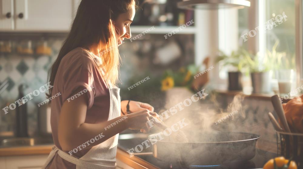 На фотографии изображена молодая женщина в фартуке, стоящая у плиты в домашней кухне. Она сосредоточенно готовит блюдо, а солнечный свет через окно освещает помещение, создавая уютную и теплую атмосферу. Пар над сковородой добавляет ощущения домашнего уюта и тепла.